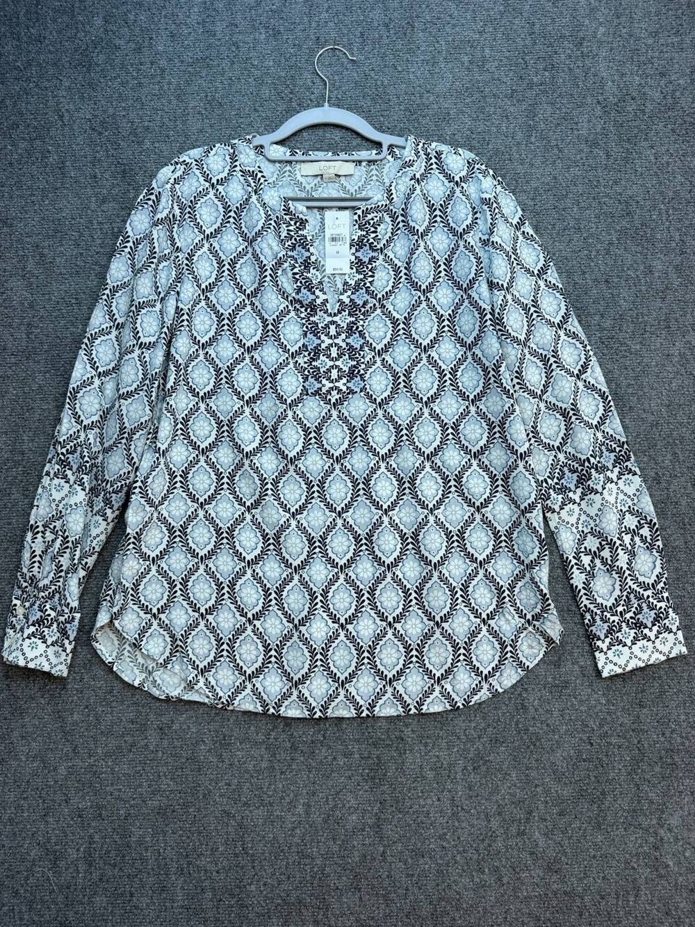 LOFT Women's M Blue White Floral Paisley Rayon Long Sleeve Blouse NWT
